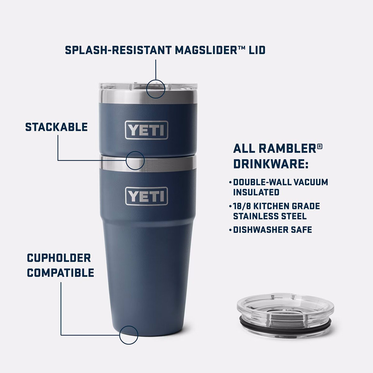 features of YETI 20 oz stackable navy tumbler